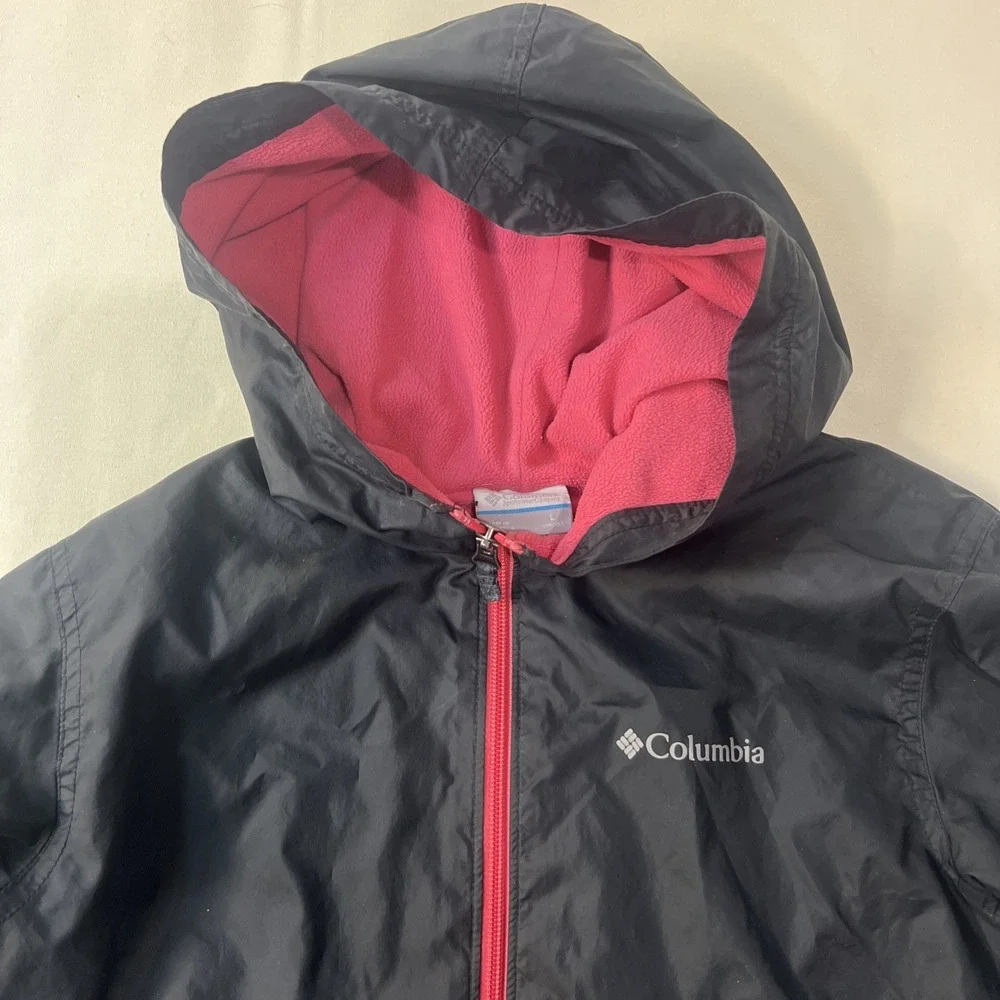 Columbia Youth Large 14/16 Hooded Jacket Black Pink Fleece Lined Full Zip